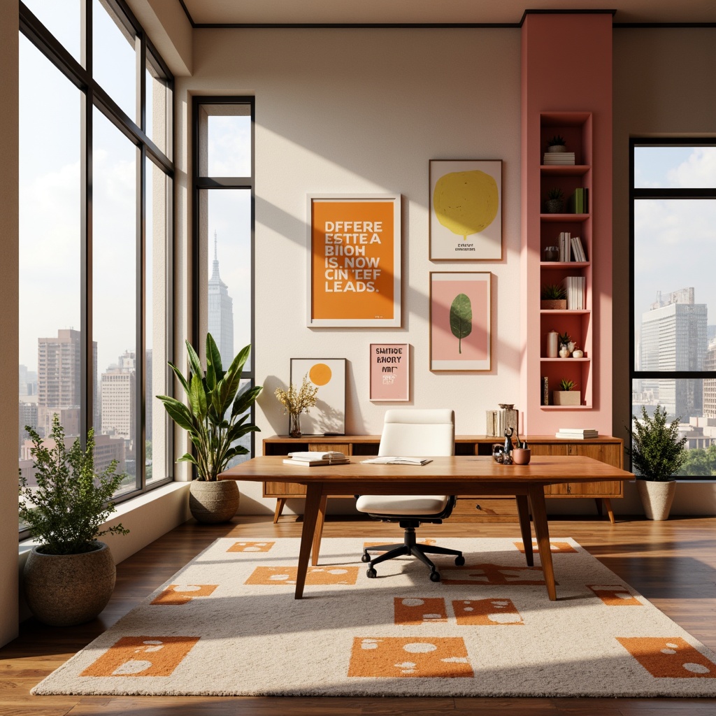 Prompt: Vibrant design studio, modern minimalist interior, sleek wooden desk, ergonomic chair, colorful artwork, inspirational quotes, natural light pouring in, large windows, urban cityscape view, warm beige walls, rich brown furniture, pastel pink accents, soft peach tones, creamy whites, bold typography, geometric patterns, abstract shapes, 3D visualizations, atmospheric lighting, shallow depth of field, 2/3 composition, realistic textures, ambient occlusion.