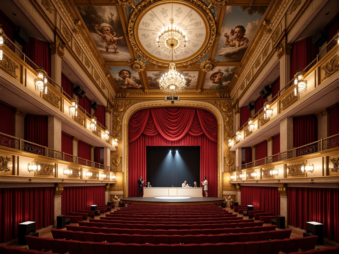 Prompt: Grand opera house, ornate details, rich velvet curtains, gilded moldings, marble columns, intricate frescoes, crystal chandeliers, luxurious red carpets, golden balconies, neoclassical arches, symmetrical composition, dramatic spotlights, warm soft lighting, shallow depth of field, 1/1 composition, realistic textures, ambient occlusion.