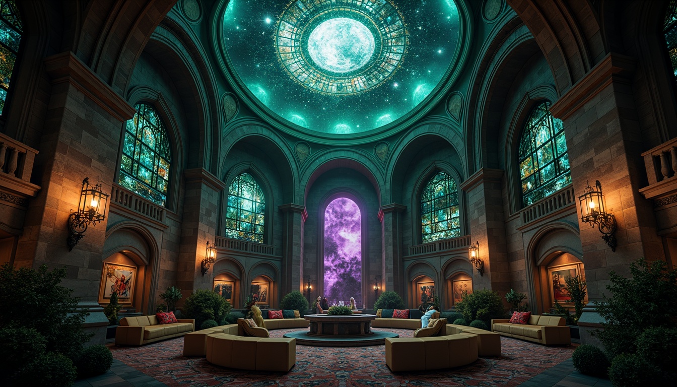 Prompt: Dark mysterious planetarium, gothic arches, celestial bodies, starry night sky, rich jewel-toned colors, emerald green, sapphire blue, amethyst purple, gold accents, intricate stone carvings, ornate metalwork, stained glass windows, grandiose chandeliers, mystical ambiance, soft ethereal lighting, dramatic shadows, 1/1 composition, symmetrical framing, high contrast ratio, cinematic atmosphere.