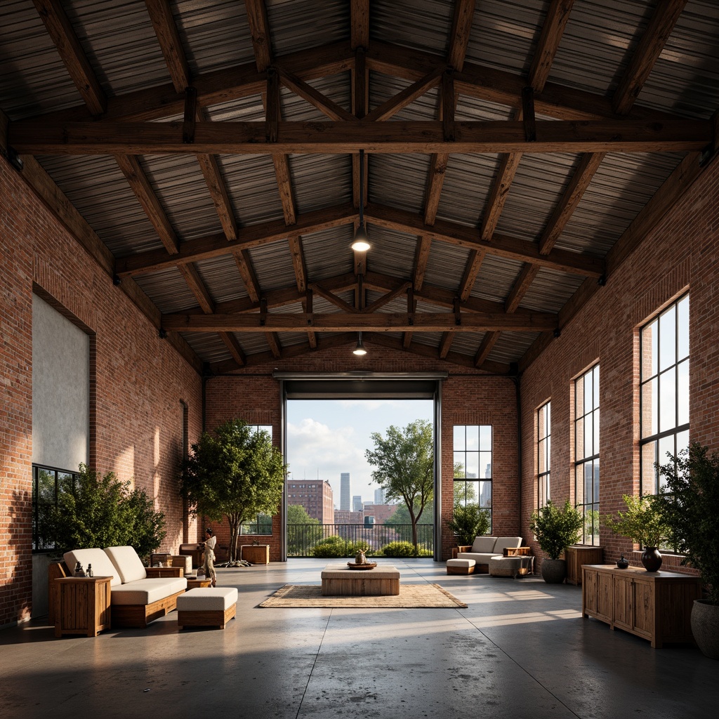 Prompt: Rustic warehouse, exposed brick walls, metal beams, wooden crates, industrial lighting, concrete floors, steel frames, corrugated metal roofs, reclaimed wood accents, earthy color palette, natural textures, urban landscape, cityscape views, functional design, open spaces, minimal ornamentation, raw finishes, distressed materials, vintage machinery, eclectic decor, warm atmospheric lighting, shallow depth of field, 1/1 composition, realistic renderings.