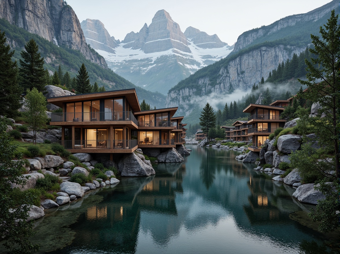 Prompt: Mountainous terrain, rugged cliffs, serene lakes, misty waterfalls, lush green forests, rustic stone walls, wooden bridges, modern mountain lodges, angular rooflines, large windows, sliding glass doors, natural ventilation systems, earthy color palette, rough-hewn wood accents, cozy fireplaces, warm ambient lighting, shallow depth of field, 1/2 composition, panoramic view, realistic textures, ambient occlusion.