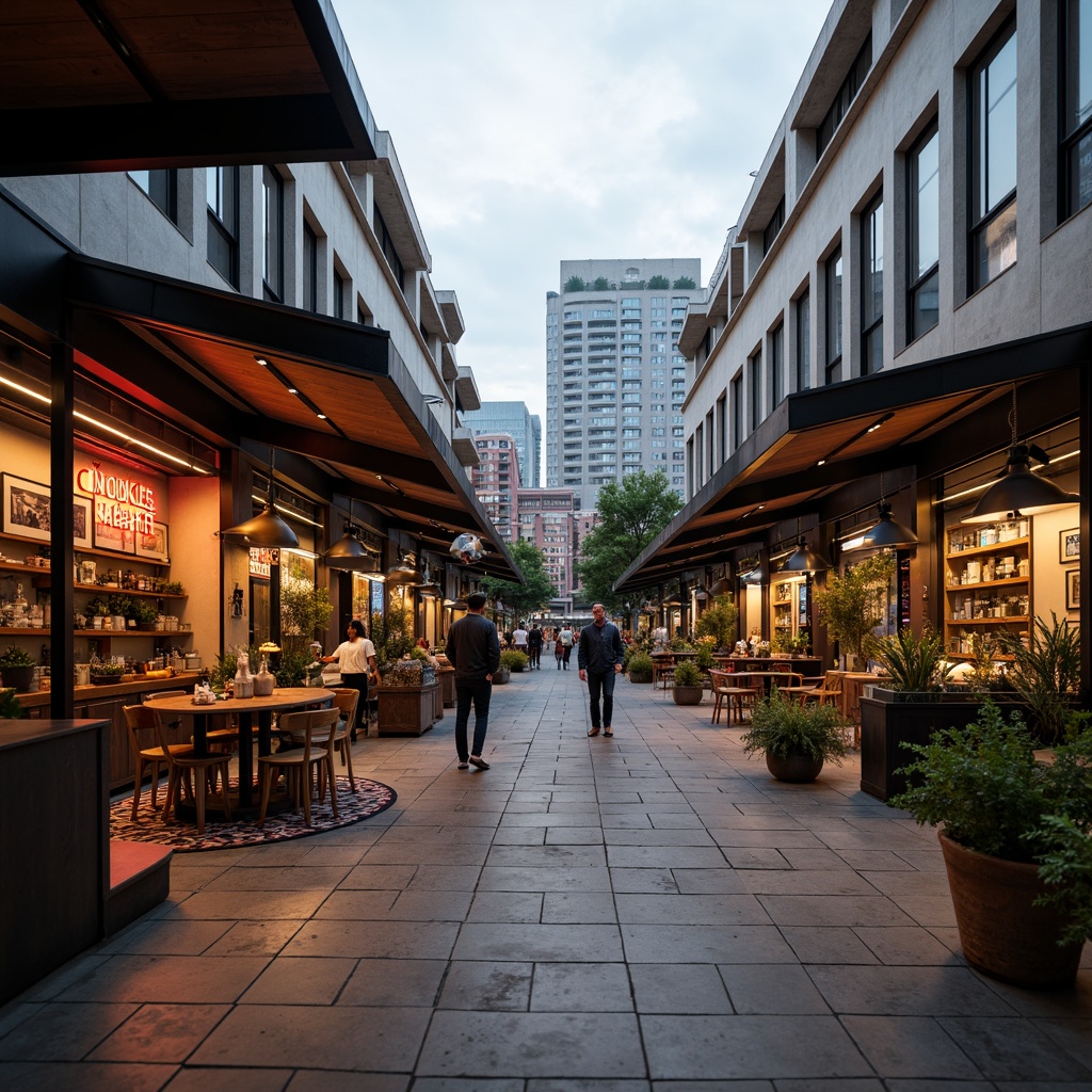 Prompt: Monochromatic modern market, sleek glass roofs, polished metal accents, industrial chic concrete floors, reclaimed wood textures, vibrant neon signage, eclectic mix of vintage and contemporary furniture, urban cityscape backdrop, overcast sky with soft warm lighting, shallow depth of field, 1/1 composition, realistic reflections, ambient occlusion.