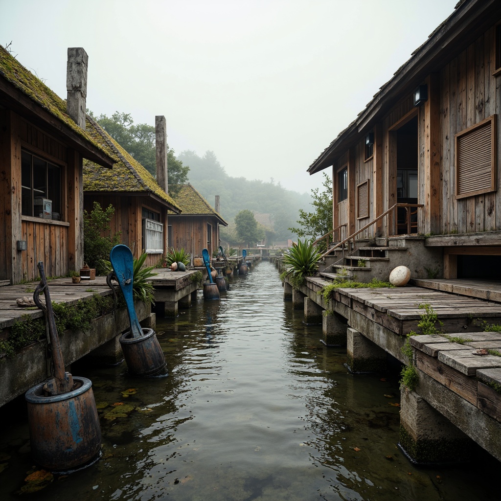 Prompt: Rustic wooden docks, weathered boat hulls, nautical ropes, distressed metal accents, reclaimed wood planks, earthy stone foundations, moss-covered roofs, serene lake surroundings, misty morning atmosphere, soft warm lighting, shallow depth of field, 3/4 composition, panoramic view, realistic textures, ambient occlusion.