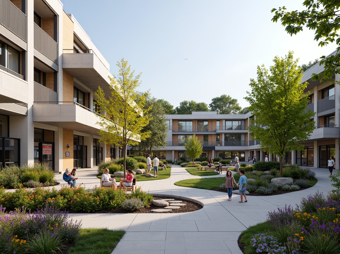 Prompt: Vibrant high school courtyard, lush green roofs, blooming flowers, curved walkways, modern fusion architecture, sleek metal accents, large glass windows, natural stone walls, educational signage, outdoor classrooms, flexible seating areas, collaborative learning spaces, soft warm lighting, shallow depth of field, 3/4 composition, panoramic view, realistic textures, ambient occlusion, integrated landscape design, native plant species, rainwater harvesting systems, eco-friendly materials, innovative ventilation systems, shaded outdoor spaces, misting systems.