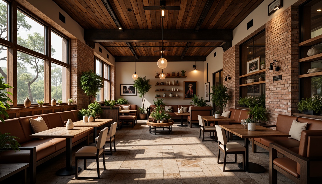 Prompt: Cozy coffee shop, warm wooden accents, rich brown tones, comfortable seating areas, rustic brick walls, industrial metal beams, reclaimed wood tables, soft cushioned chairs, natural stone flooring, earthy color palette, warm lighting ambiance, shallow depth of field, 3/4 composition, realistic textures, ambient occlusion.