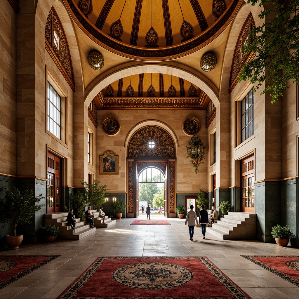 Prompt: Ornate Byzantine-style visitor center, golden domes, intricate stone carvings, ornamental arches, vibrant mosaics, grand entrance gates, rustic stone walls, terracotta roof tiles, ornate bronze doors, lavish interior decorations, richly patterned rugs, warm ambient lighting, shallow depth of field, 1/2 composition, symmetrical framing, realistic textures, ambient occlusion.