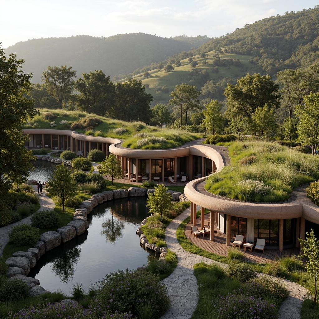 Prompt: Curved organic buildings, lush green roofs, natural stone walls, wooden accents, earthy tones, serene water features, meandering pathways, native plant species, rustic outdoor furniture, warm ambient lighting, soft misting systems, shallow depth of field, 1/1 composition, panoramic view, realistic textures, ambient occlusion, rolling hills, scenic vistas, tranquil atmosphere, sustainable design principles, eco-friendly materials, innovative ventilation systems.