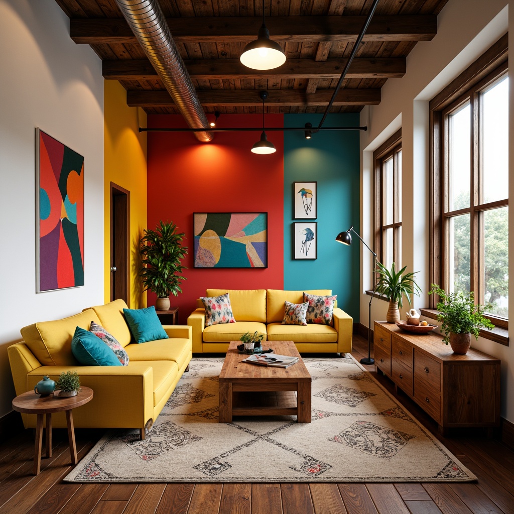 Prompt: Vibrant artistic studio, eclectic furniture, bold color blocking, contrasting textures, abstract artwork, statement lighting fixtures, industrial metal accents, reclaimed wood floors, bohemian-inspired rugs, natural fiber textiles, earthy tone ceramics, warm golden lighting, shallow depth of field, 1/1 composition, realistic renderings, ambient occlusion.