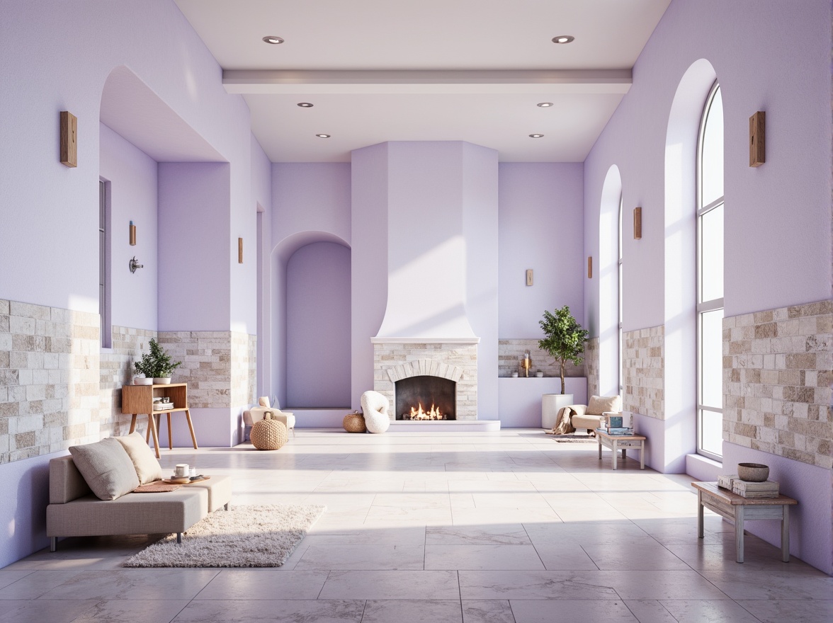 Prompt: Soft lavender blue hues, calming atmosphere, serene architectural design, gentle curves, rounded edges, soothing color scheme, pastel shades, creamy whites, warm beige accents, natural stone textures, wooden elements, minimalist decor, cozy reading nooks, floor-to-ceiling windows, abundant natural light, softbox lighting, shallow depth of field, 1/1 composition, intimate scale, peaceful ambiance, subtle gradient effects.