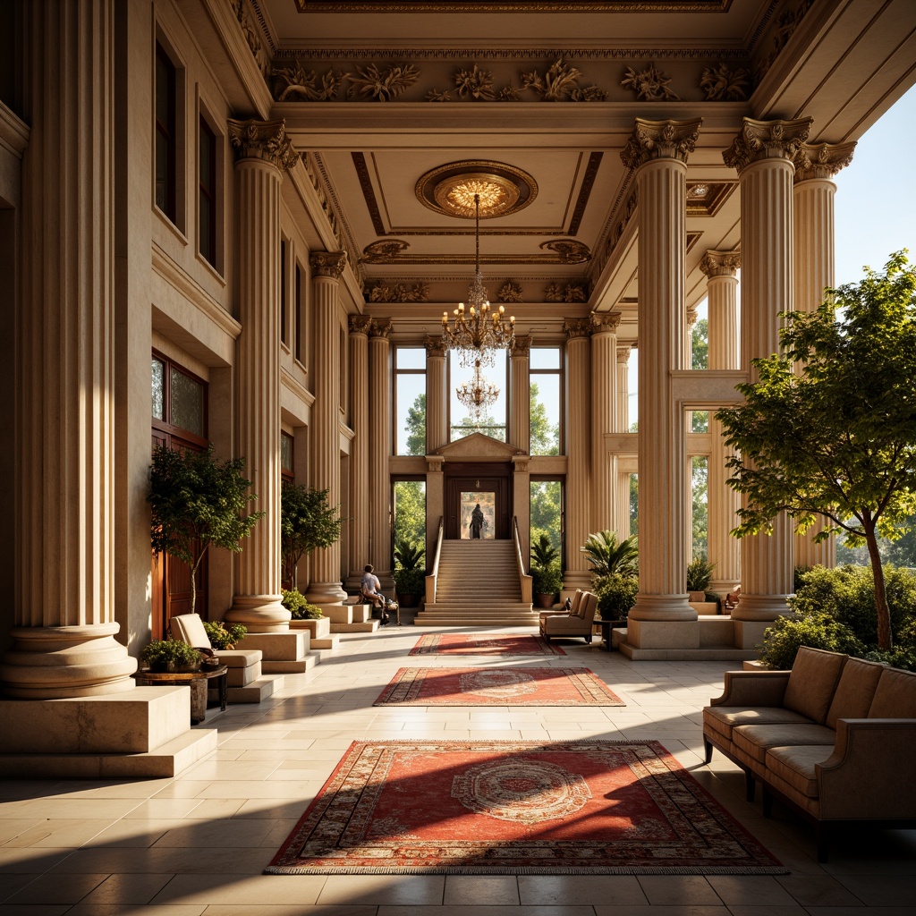 Prompt: Grandiose neoclassical building, ornate columns, intricately carved capitals, fluted shafts, Ionic volutes, Corinthian foliage, majestic arches, symmetrical facade, rusticated base, polished marble floors, stately staircases, opulent chandeliers, lavish furnishings, richly patterned rugs, warm golden lighting, shallow depth of field, 2/3 composition, realistic textures, ambient occlusion.