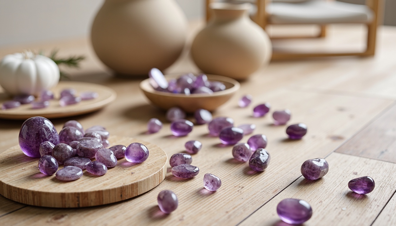 Prompt: Rich amethyst gemstones, natural bamboo textures, earthy tones, soft lavender hues, creamy whites, warm beige accents, organic shapes, woven patterns, subtle sheen, matte finishes, elegant simplicity, minimalist decor, serene ambiance, soft diffused lighting, shallow depth of field, 1/1 composition, realistic renderings, ambient occlusion.