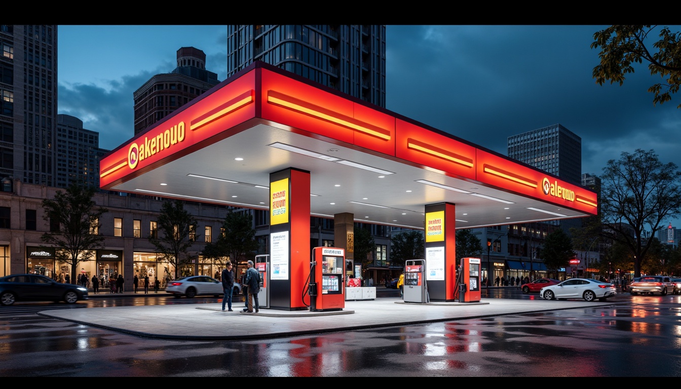 Prompt: Geometric gas station, bold primary colors, industrial materials, angular lines, minimalist design, cantilevered canopies, functional typography, urban landscape, busy streets, modern cityscape, dramatic nighttime lighting, high-contrast shadows, 1/1 composition, symmetrical framing, realistic reflections, ambient occlusion, futuristic fuel pumps, sleek metal accents, neon signage, retro-futuristic aesthetic.