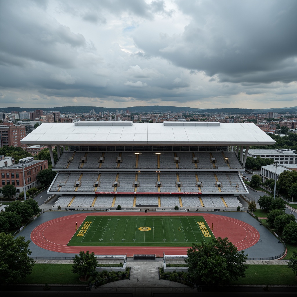 Prompt: Functional stadium layout, asymmetrical fa\u00e7ade, rectangular shapes, industrial materials, exposed ductwork, minimalist aesthetics, open circulation spaces, cantilevered roofs, geometric patterns, bold color schemes, athletic track, football field, spectator seating, modernist architecture, urban landscape, cloudy sky, dramatic lighting, high contrast, 1/2 composition, wide-angle lens, realistic textures, ambient occlusion.