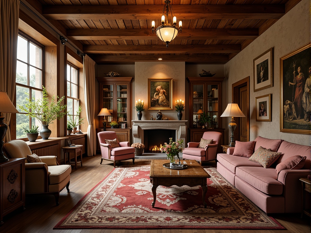 Prompt: Cozy living room, warm candlelight, rich velvet fabrics, ornate wooden furniture, intricate carvings, soft pastel colors, elegant chandeliers, plush area rugs, comfortable sofas, vintage decorative items, antique vases, fresh flower arrangements, large windows with drapery, natural stone fireplaces, rustic wooden beams, intimate ambiance, warm golden lighting, shallow depth of field, 1/1 composition, realistic textures, ambient occlusion.