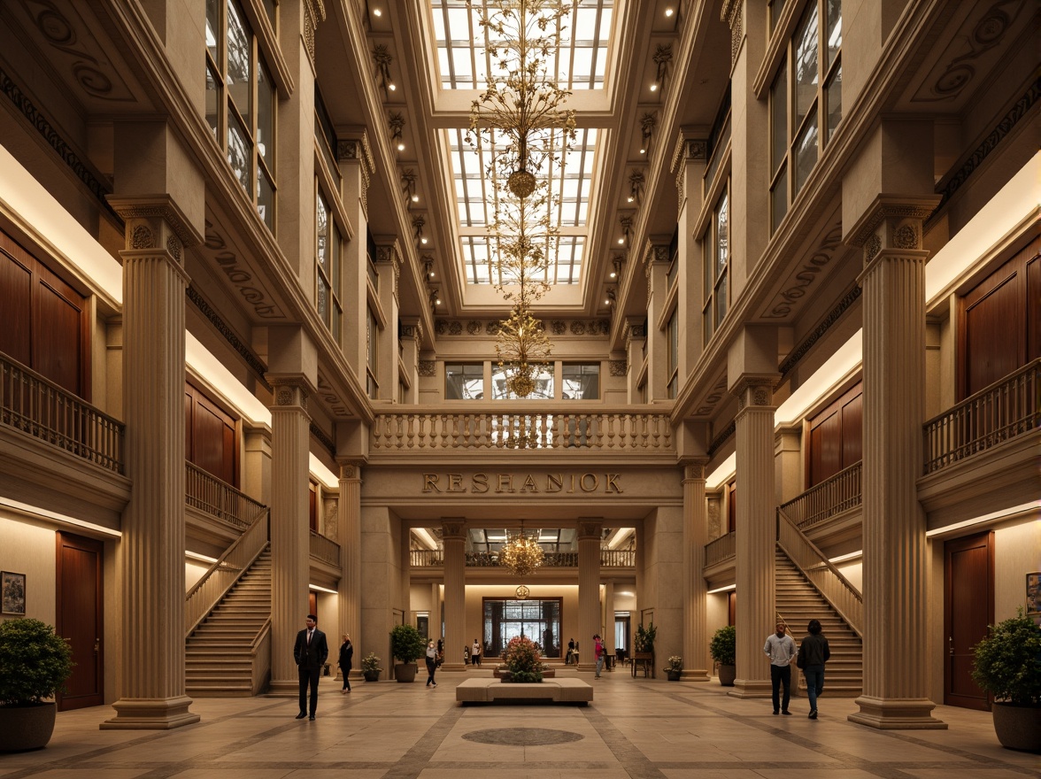 Prompt: Grandiose research center, neoclassical facade, ornate columns, carved stone details, symmetrical composition, grand entrance, sweeping staircases, elegant balustrades, refined wood paneling, luxurious chandeliers, subtle warm lighting, soft focus, shallow depth of field, 2/3 composition, panoramic view, realistic textures, ambient occlusion.