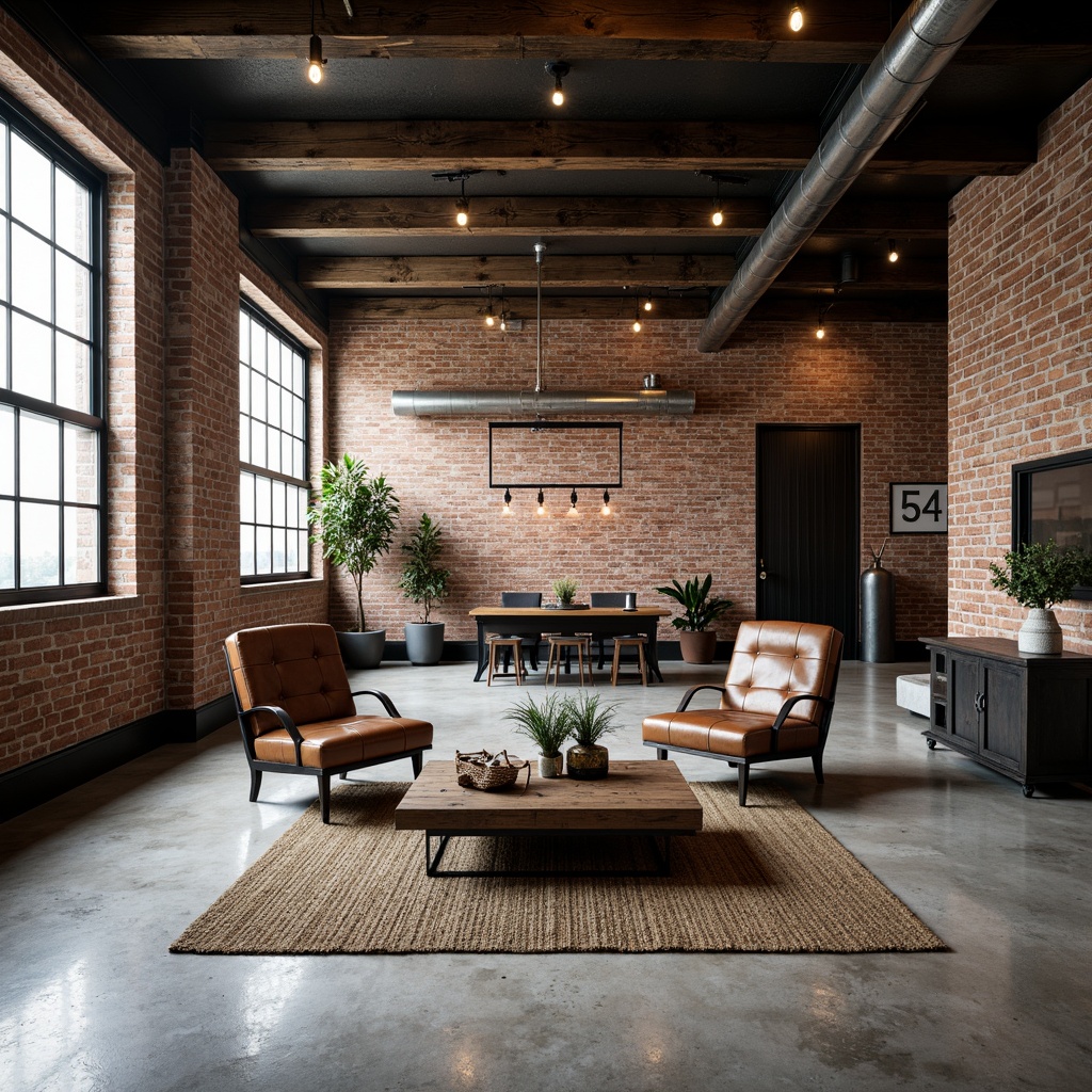 Prompt: Exposed brick walls, metal beams, reclaimed wood accents, industrial-style lighting fixtures, concrete floors, urban loft atmosphere, modern minimalist decor, sleek metal furniture, distressed leather upholstery, vintage manufacturing equipment, Edison bulb pendant lights, raw unfinished textures, neutral color palette, functional simplicity, open-plan layout, high ceilings, natural light pouring in, 3/4 composition, shallow depth of field, realistic renderings.