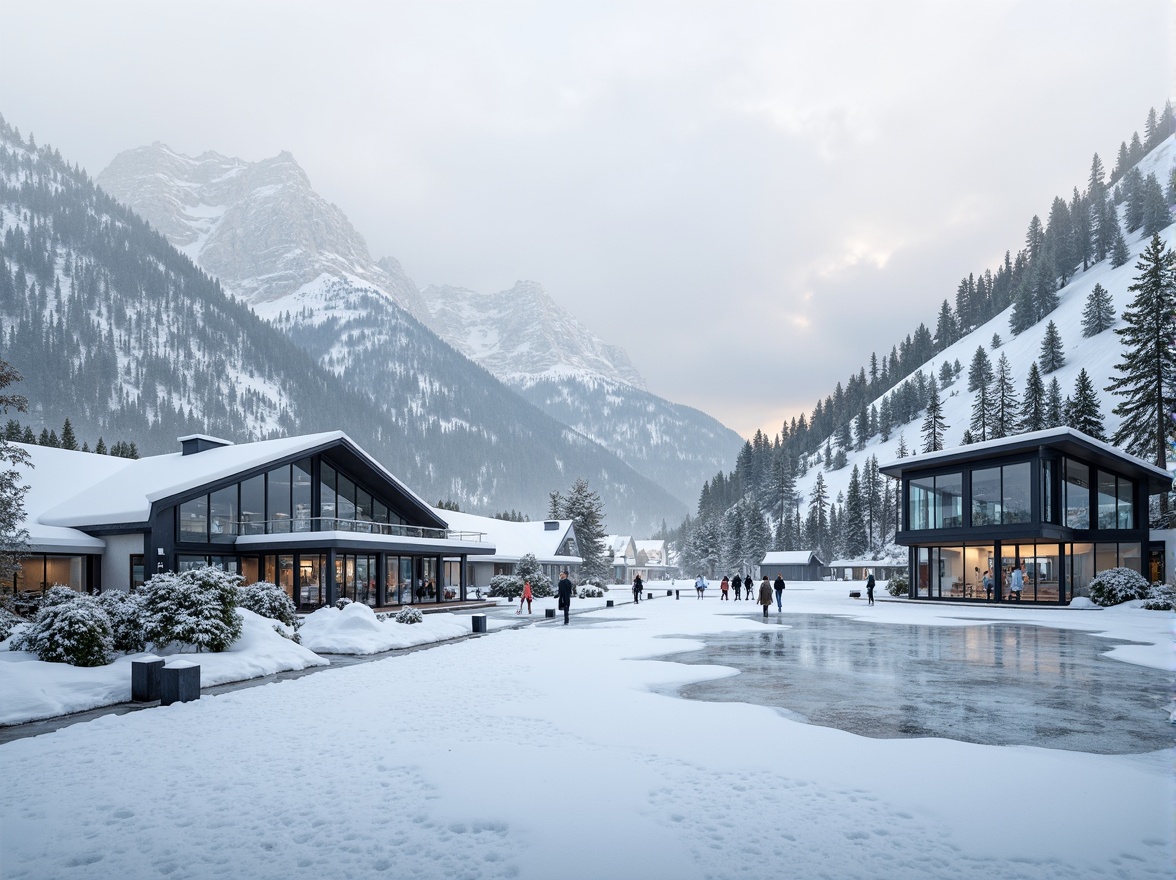 Prompt: Snow-capped mountains, frosty pine trees, icy slopes, modern ski center, sleek glass facades, angular metal frames, minimalist design, clean lines, monochromatic color scheme, snowflake-inspired patterns, frozen lake views, misty morning atmosphere, soft warm lighting, shallow depth of field, 3/4 composition, panoramic view, realistic textures, ambient occlusion.