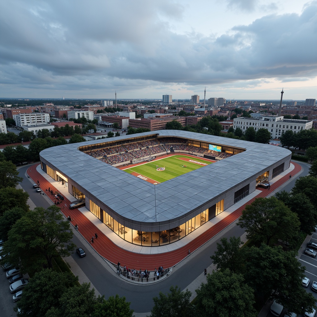 Prompt: Functional stadium layout, asymmetrical fa\u00e7ade, rectangular shapes, industrial materials, exposed ductwork, minimalist aesthetics, open circulation spaces, cantilevered roofs, geometric patterns, bold color schemes, athletic track, football field, spectator seating, modernist architecture, urban landscape, cloudy sky, dramatic lighting, high contrast, 1/2 composition, wide-angle lens, realistic textures, ambient occlusion.