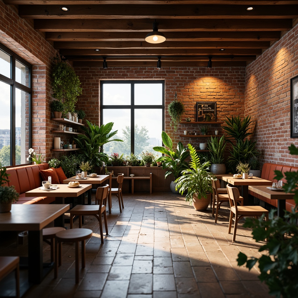 Prompt: Cozy coffee shop, warm earthy tones, rich wood accents, comfortable seating areas, rustic brick walls, industrial metal beams, vibrant greenery, natural stone floors, aromatic coffee scents, soft warm lighting, shallow depth of field, 3/4 composition, panoramic view, realistic textures, ambient occlusion.