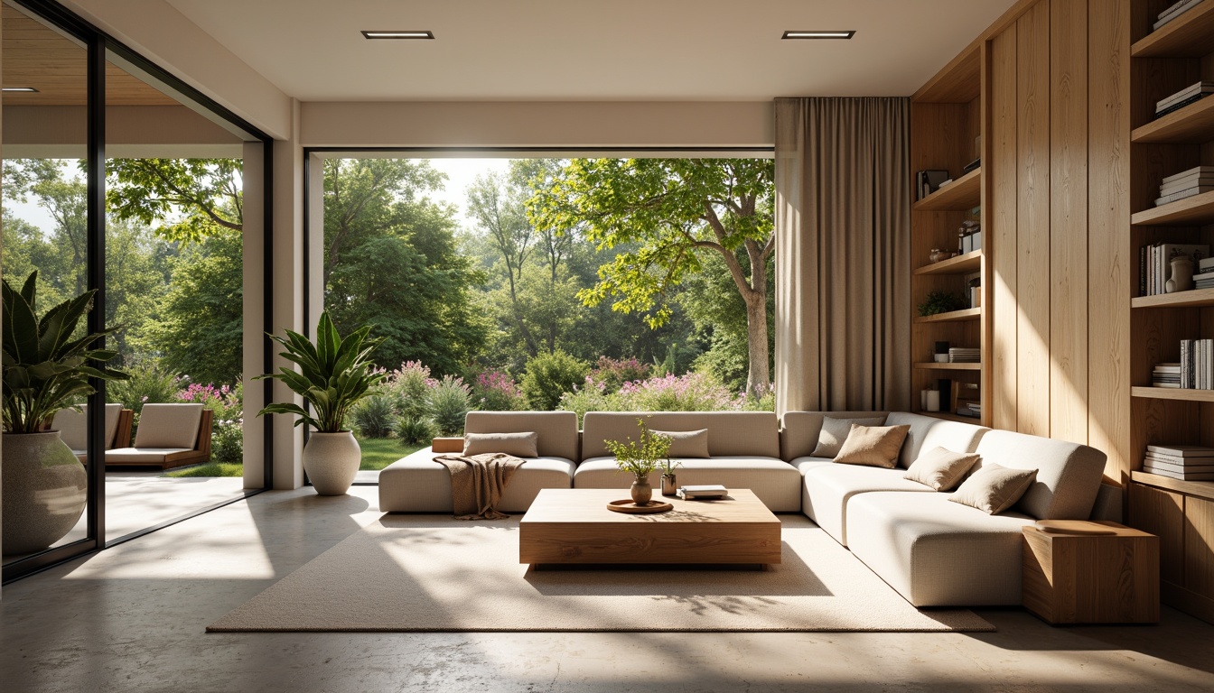 Prompt: Cozy living room, plush sofas, warm beige walls, soft carpet flooring, minimal ornamentation, functional shelving units, ergonomic furniture, ample natural light, floor-to-ceiling windows, sliding glass doors, serene outdoor views, lush greenery, vibrant flowers, modern minimalist decor, calming color palette, efficient storage solutions, multi-functional spaces, open-plan layout, comfortable reading nooks, warm task lighting, soft background music, 1/1 composition, shallow depth of field, realistic textures.