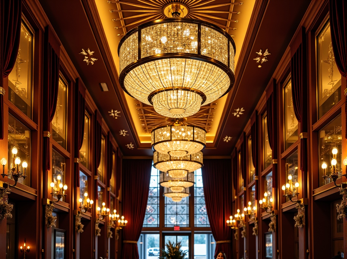 Prompt: Opulent chandeliers, crystal droplets, polished chrome accents, geometric metalwork, luxurious velvet drapes, rich wood paneling, ornate mirrors, lavish sconces, intricate glass inlays, metallic leaf patterns, sunburst motifs, bold color schemes, dramatic ceiling fixtures, layered lighting effects, warm golden glow, soft diffused illumination, 1/1 composition, symmetrical framing, high-contrast rendering.