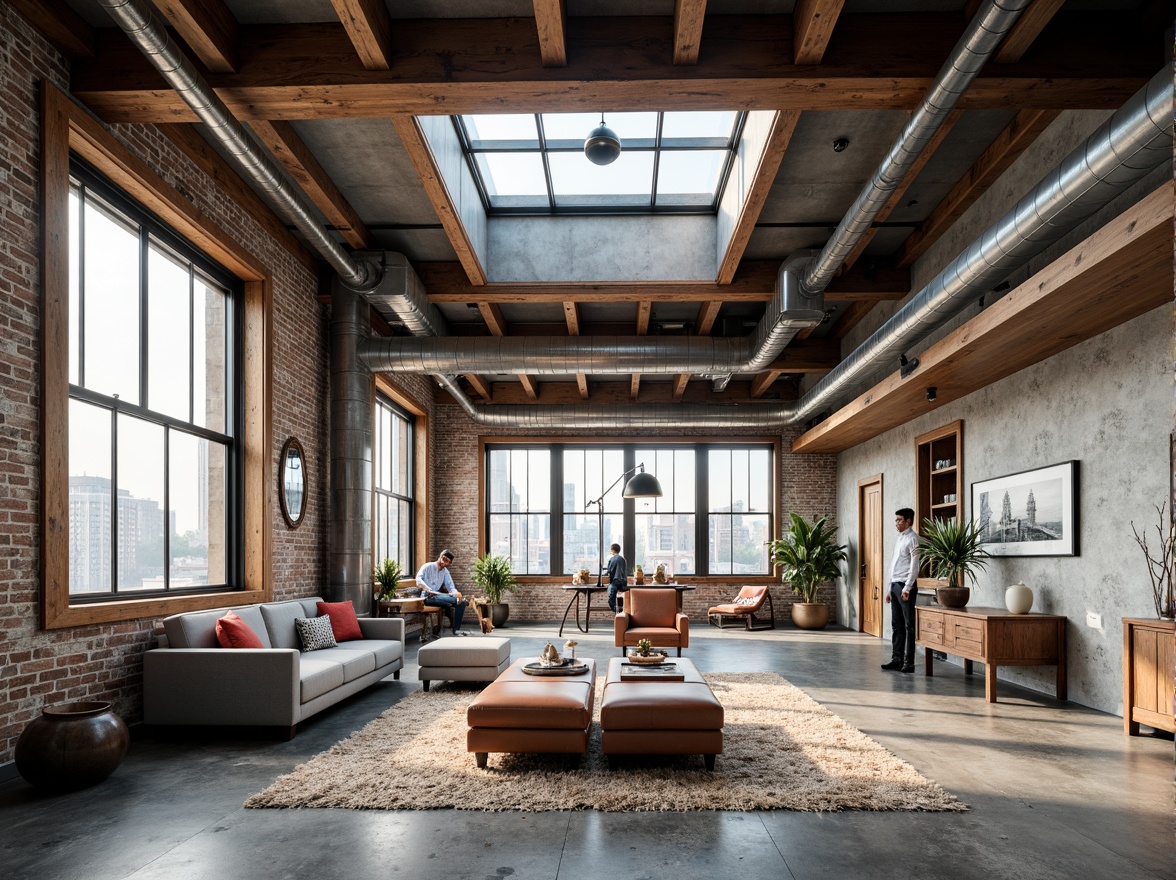 Prompt: Exposed ductwork, industrial pipes, reclaimed wood accents, metal beams, concrete floors, brick walls, large windows, skylights, open floor plans, minimalist decor, functional spaces, eclectic furniture, vintage decorative items, bold color schemes, abstract artwork, urban cityscape views, natural light pouring in, high ceilings, airy atmosphere, 3/4 composition, shallow depth of field, realistic textures, ambient occlusion.