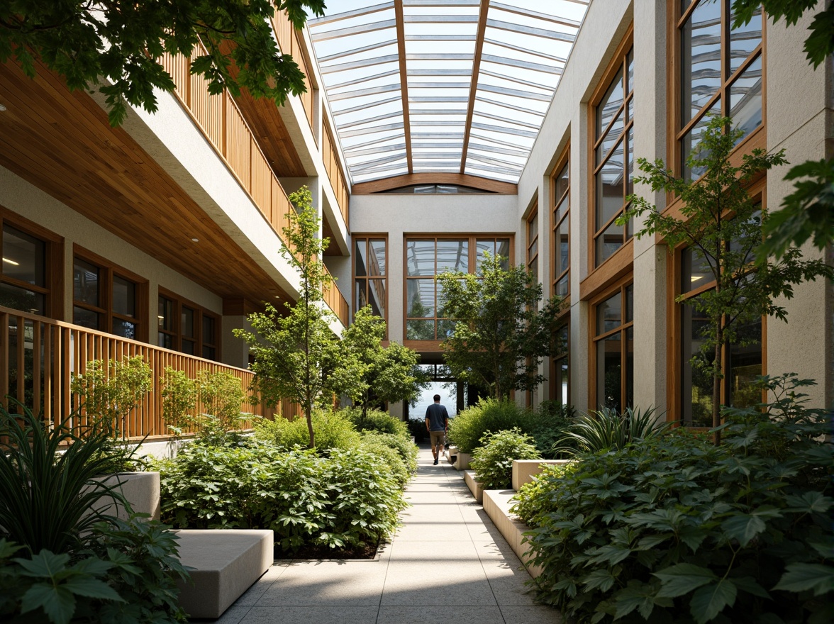 Prompt: Vibrant atrium, lush greenery, natural stone walls, wooden accents, floor-to-ceiling windows, clerestory windows, skylights, solar tubes, reflective surfaces, minimalist interior design, open-plan layout, airy atmosphere, warm sunny day, soft diffused lighting, shallow depth of field, 1/1 composition, panoramic view, realistic textures, ambient occlusion.