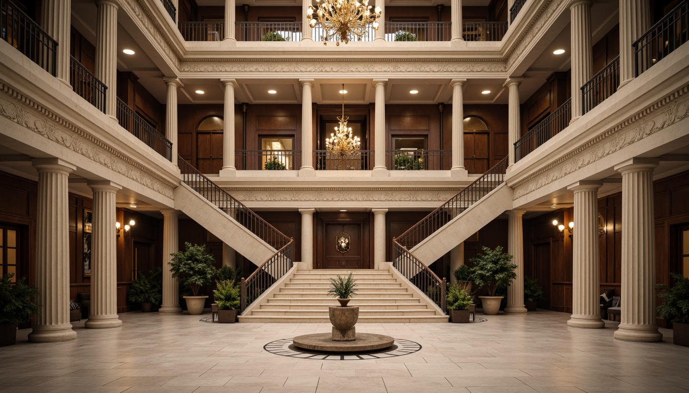 Prompt: Grandiose research center, neoclassical facade, ornate columns, carved stone details, symmetrical composition, grand entrance, sweeping staircases, elegant balustrades, refined wood paneling, luxurious chandeliers, subtle warm lighting, soft focus, shallow depth of field, 2/3 composition, panoramic view, realistic textures, ambient occlusion.