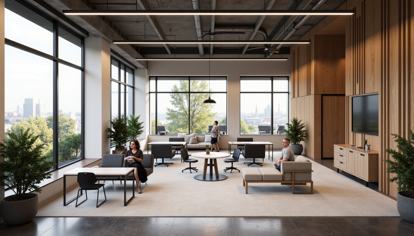 Prompt: Functional office space, modern minimalist decor, sleek metal furniture, ergonomic chairs, spacious workstations, collaborative meeting areas, acoustic panels, natural wood accents, floor-to-ceiling windows, abundant natural light, soft warm lighting, 1/1 composition, shallow depth of field, realistic textures, ambient occlusion.