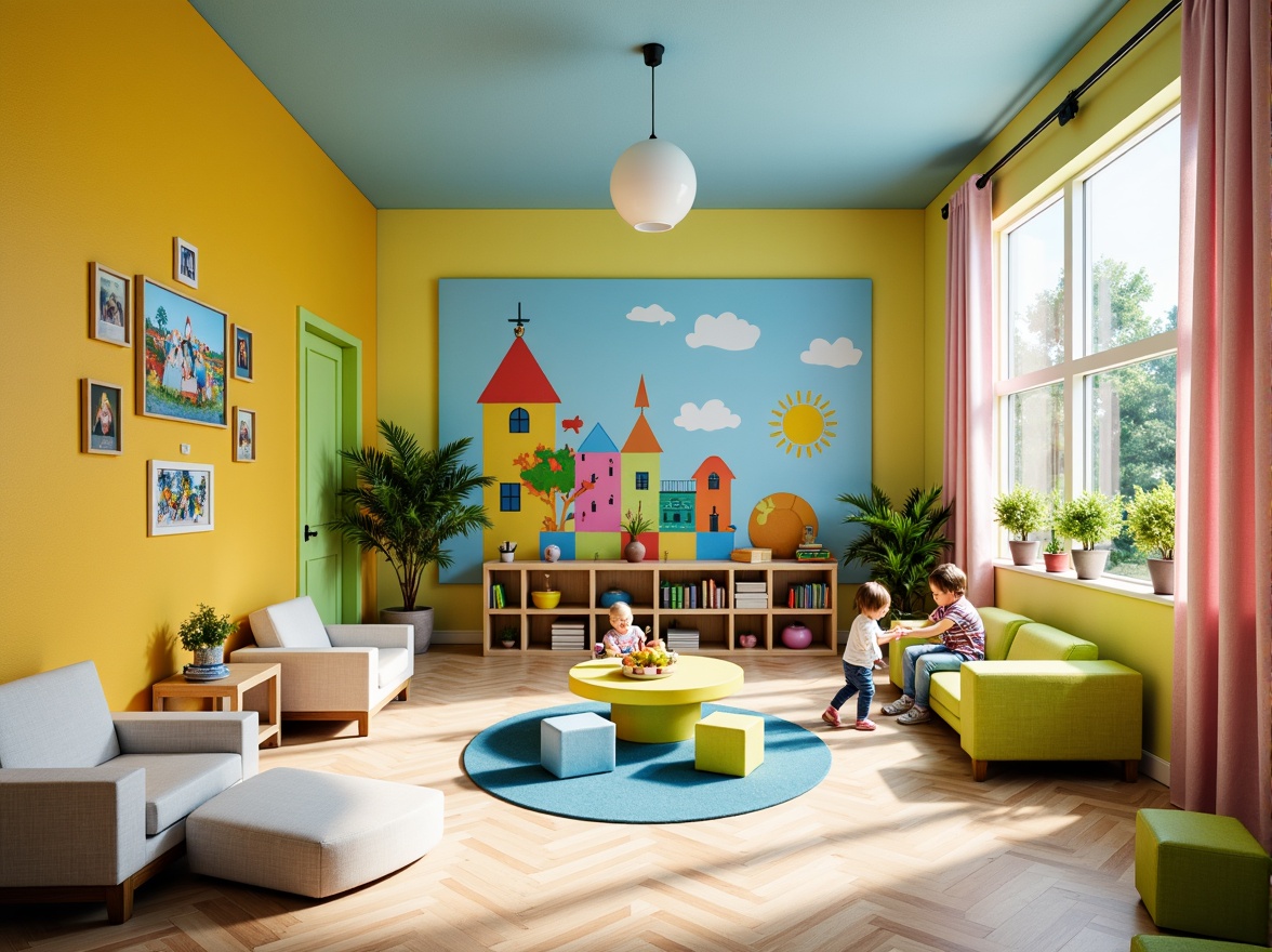 Prompt: Vibrant kindergarten social housing, playful color palette, bright yellow walls, sky blue accents, lime green furniture, soft pink curtains, natural wood textures, cozy reading nooks, educational murals, interactive play areas, sensory stimulation zones, collaborative learning spaces, diverse cultural decorations, inclusive community atmosphere, abundant natural light, warm sunny days, shallow depth of field, 1/1 composition, realistic textures, ambient occlusion.