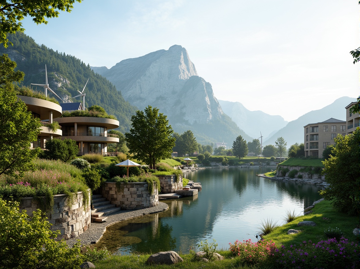 Prompt: Eco-friendly buildings, green roofs, solar panels, wind turbines, water conservation systems, sustainable materials, organic curves, natural stone walls, lush vegetation, serene lakeside, misty mountains, vibrant wildflowers, warm sunny day, soft diffused lighting, shallow depth of field, 3/4 composition, panoramic view, realistic textures, ambient occlusion.