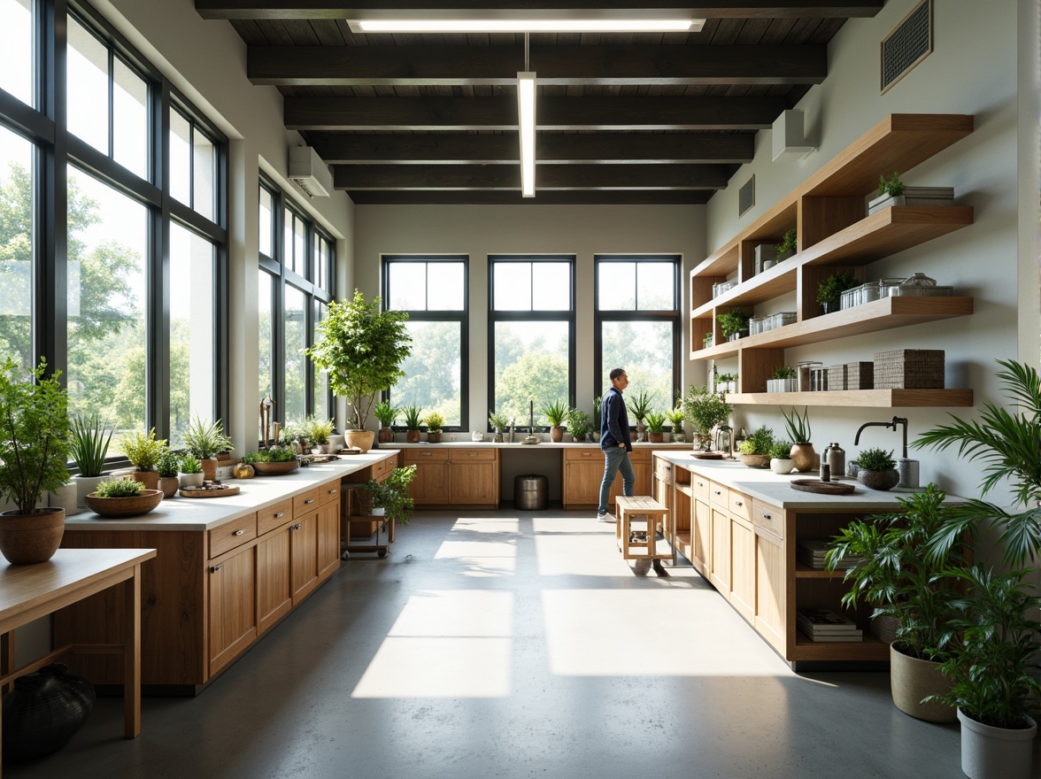 Prompt: Minimalist laboratory interior, eco-friendly materials, recycled countertops, energy-efficient lighting, natural ventilation systems, green walls, living plants, reclaimed wood furniture, simple geometric shapes, industrial chic aesthetic, monochromatic color scheme, abundant natural light, soft diffused shadows, 1/1 composition, shallow depth of field, realistic textures, ambient occlusion.