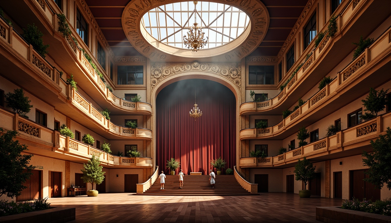 Prompt: Grand opera house, sweeping curves, ornate details, rich wood tones, velvet drapes, golden accents, majestic chandeliers, natural stone walls, grand staircase, intricate carvings, soft warm lighting, diffused sunlight, clerestory windows, high ceilings, dramatic shadows, 1/1 composition, symmetrical framing, realistic textures, ambient occlusion.