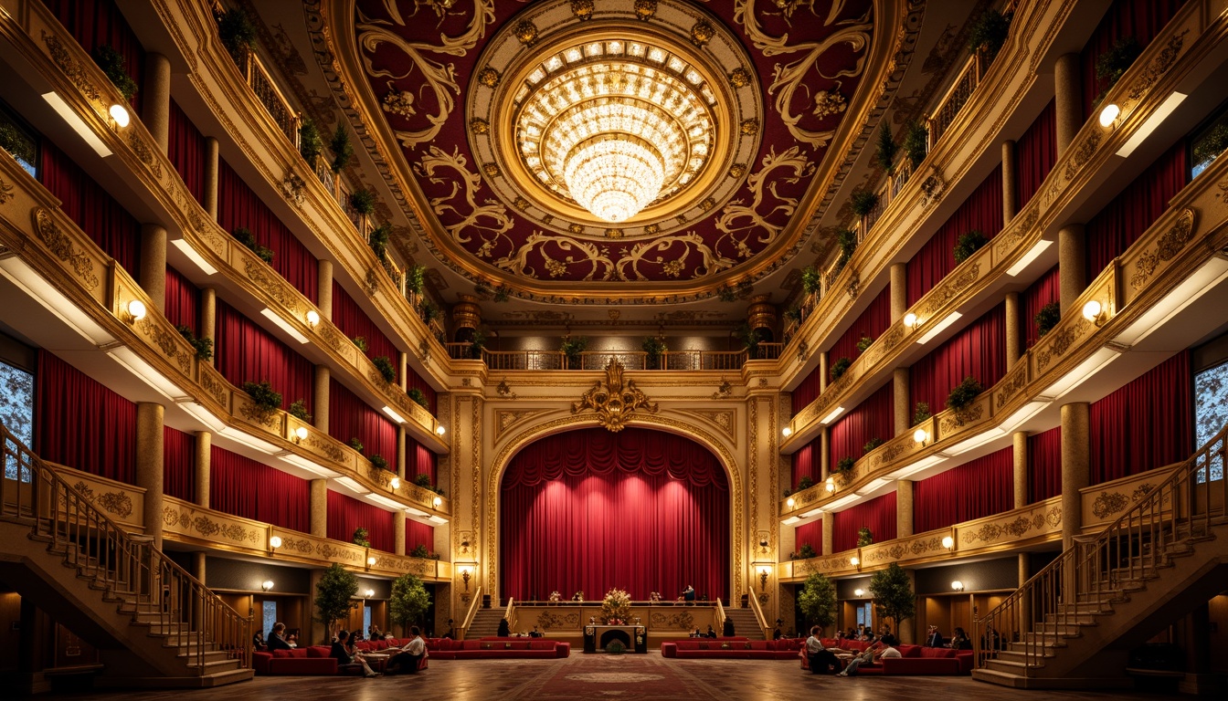 Prompt: Grandiose opera house, ornate golden details, crimson velvet curtains, majestic chandeliers, intricate moldings, marble floors, sweeping staircases, lavish furnishings, rich tapestries, dramatic spotlights, warm ambient lighting, shallow depth of field, 1/1 composition, symmetrical framing, opulent textures, subtle color grading.