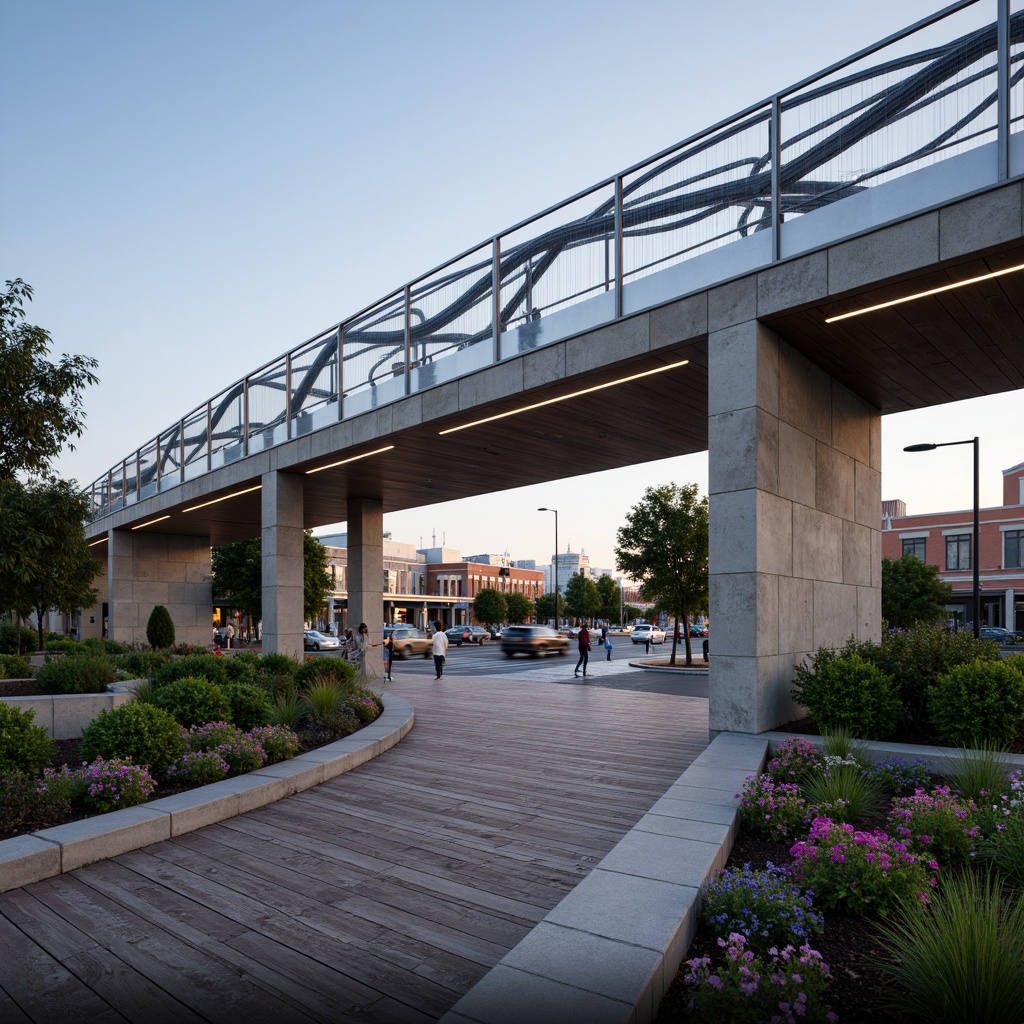 Prompt: Modern pedestrian bridge, sleek steel arches, durable concrete piers, weathered wood decking, stainless steel railings, minimalist lighting fixtures, urban cityscape, busy street traffic, vibrant greenery, natural stone abutments, cantilevered walkways, suspension cables, dynamic structural systems, innovative materials, sustainable design, eco-friendly construction, warm ambient lighting, shallow depth of field, 3/4 composition, panoramic view, realistic textures, ambient occlusion.