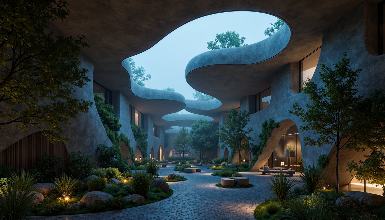 Prompt: Curved blob-like structures, irregular shapes, amoeba-inspired forms, soft rounded edges, fluidic architecture, natural materials, earthy tones, moss-covered walls, wooden accents, organic textures, wavy lines, abstract patterns, futuristic ambiance, neon-lit nighttime scene, misty atmosphere, shallow depth of field, 1/1 composition, cinematic lighting, realistic renderings, ambient occlusion.