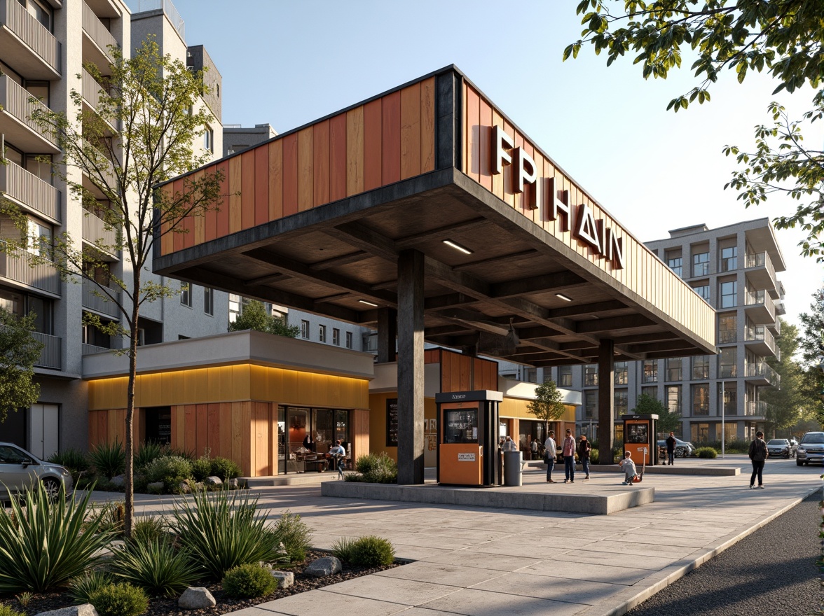 Prompt: Rustic gas station, industrial pipes, functionalist architecture, bold typography, primary color scheme, geometric shapes, minimalist design, natural stone walls, steel beams, large windows, cantilevered canopies, angular lines, modernist landscaping, native plants, gravel pathways, urban context, busy streets, morning sunlight, high contrast lighting, shallow depth of field, 2/3 composition, realistic textures, ambient occlusion.