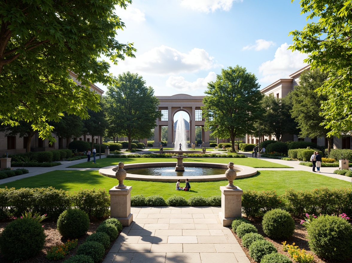 Prompt: Manicured lawns, ornate fountains, symmetrical gardens, majestic trees, walking paths, stone statues, classical columns, ornamental hedges, vibrant flower beds, tranquil ponds, serene water features, elegant street lamps, refined benches, harmonious color palette, soft natural lighting, 1/1 composition, realistic textures, ambient occlusion.