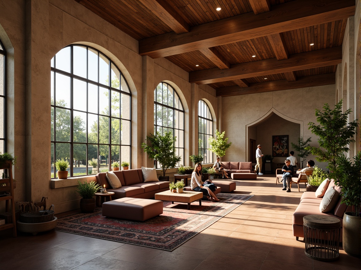 Prompt: Cozy student lounge, warm wooden accents, soft natural lighting, large windows, elegant archways, classic columns, comfortable sofas, rustic coffee tables, vintage rugs, earthy color palette, subtle texture details, shallow depth of field, 1/1 composition, realistic rendering, ambient occlusion, morning sunlight, gentle shadows, peaceful atmosphere.