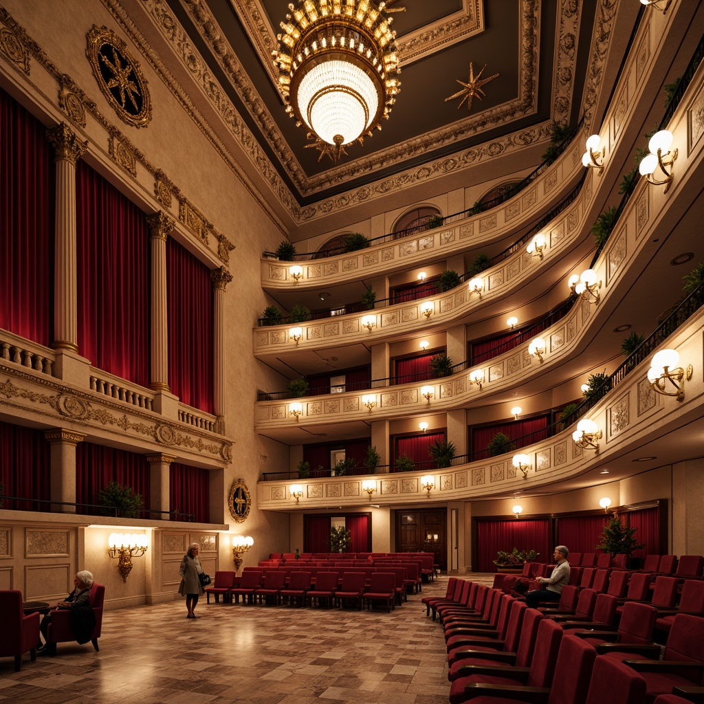 Prompt: Grand concert hall, ornate details, rich velvet curtains, polished marble floors, intricate moldings, gilded accents, luxurious chandeliers, soft warm lighting, shallow depth of field, 3/4 composition, panoramic view, realistic textures, ambient occlusion, neoclassical architecture, symmetrical facades, Corinthian columns, ornate balconies, rusticated bases, smooth limestone walls, decorative friezes, carved wooden panels, intricate plasterwork, opulent furnishings, lavish upholstery, regal red velvet, golden hardware, crystal chandeliers.