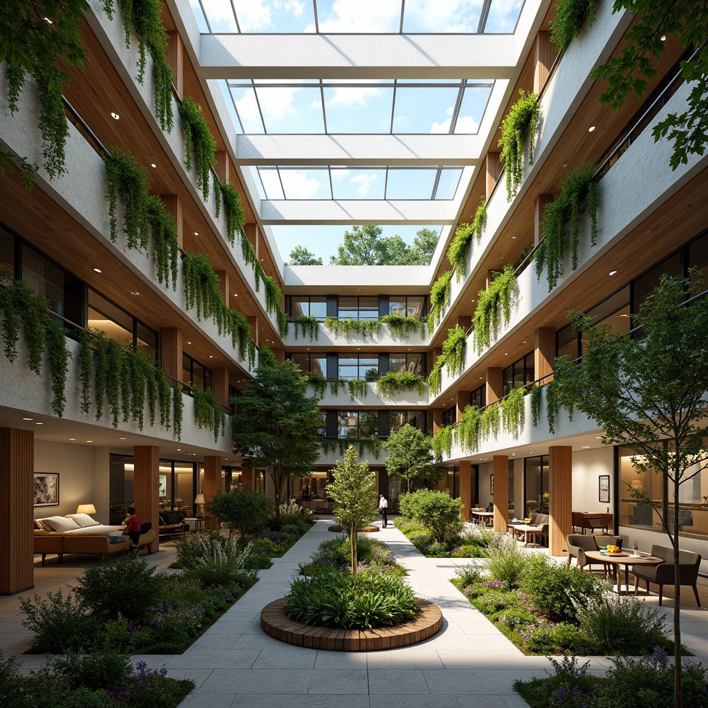 Prompt: Vibrant atrium, lush greenery, natural stone walls, wooden accents, floor-to-ceiling windows, clerestory windows, skylights, open floor plans, minimalist decor, reflective surfaces, bright color schemes, warm ambient lighting, soft shadows, 1/1 composition, shallow depth of field, panoramic view, realistic textures, ambient occlusion.