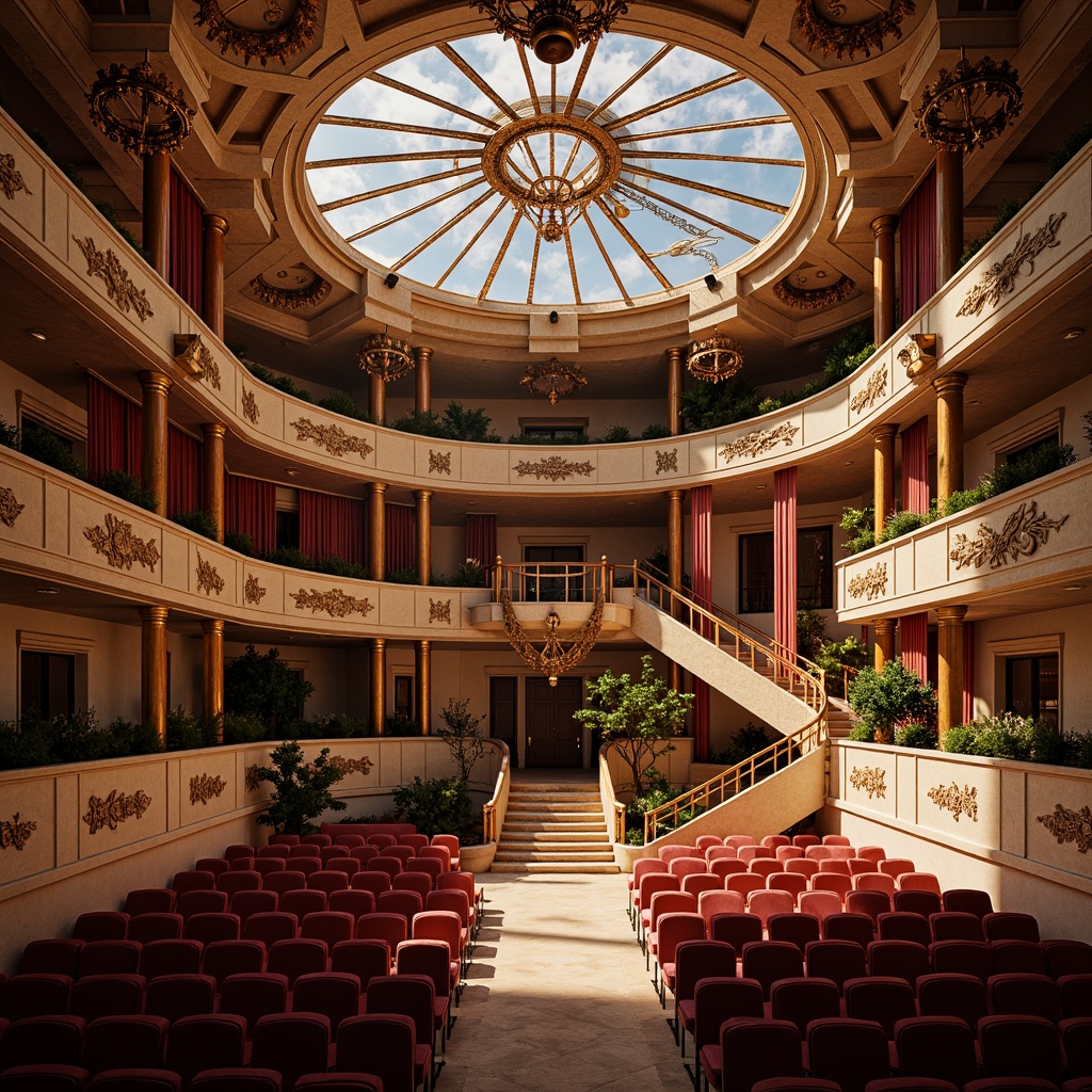 Prompt: Grand opera house, sweeping curves, ornate details, rich wood tones, velvet drapes, golden accents, majestic chandeliers, natural stone walls, grand staircase, intricate carvings, soft warm lighting, diffused sunlight, clerestory windows, high ceilings, dramatic shadows, 1/1 composition, symmetrical framing, realistic textures, ambient occlusion.