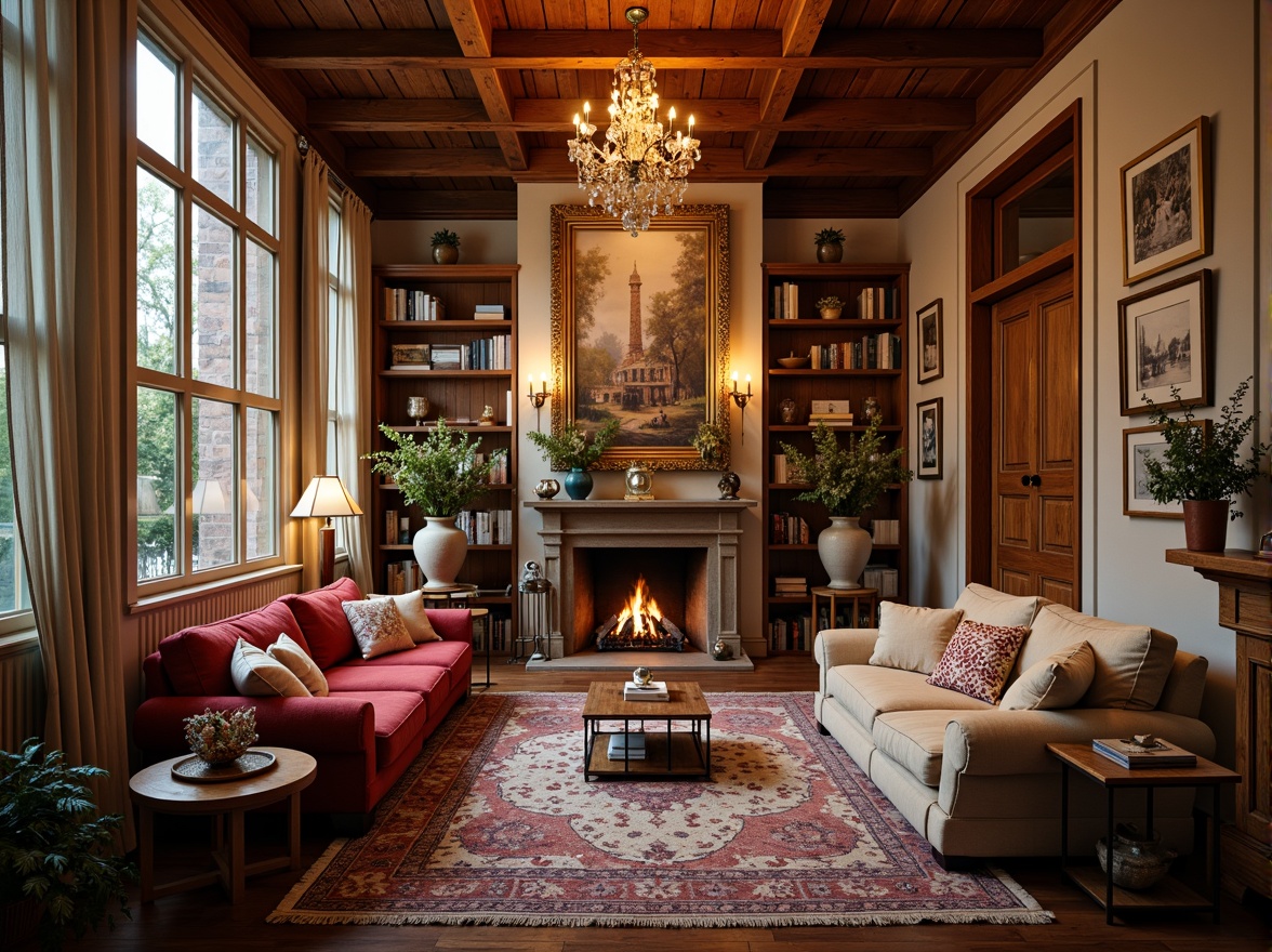 Prompt: Cozy living room, warm candlelight, rich velvet fabrics, ornate wooden furniture, intricate carvings, soft pastel colors, elegant chandeliers, plush area rugs, comfortable sofas, vintage decorative items, antique vases, fresh flower arrangements, large windows with drapery, natural stone fireplaces, rustic wooden beams, intimate ambiance, warm golden lighting, shallow depth of field, 1/1 composition, realistic textures, ambient occlusion.