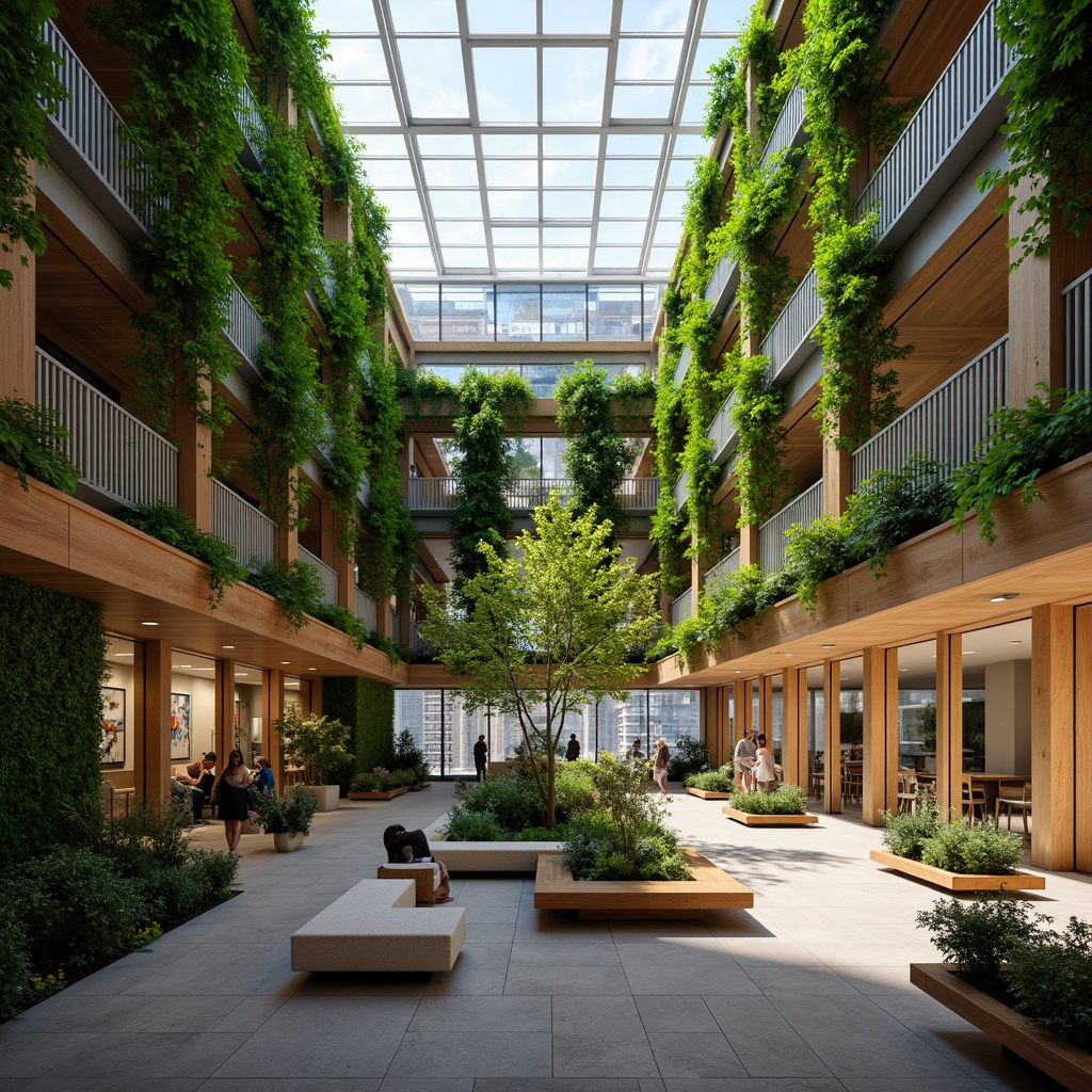 Prompt: Vibrant atrium, lush green walls, natural stone floors, wooden accents, floor-to-ceiling windows, clerestory windows, skylights, open-plan layout, minimalist decor, earthy color palette, warm ambient lighting, soft shadows, 1/1 composition, shallow depth of field, realistic textures, ambient occlusion, modern sustainable architecture, eco-friendly materials, energy-efficient systems, solar panels, green roofs, living walls, urban garden views, cityscape backdrop.