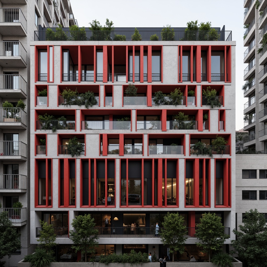 Prompt: Geometric apartment building, constructivist facade, bold red accents, industrial metal frames, rectangular windows, minimalist balconies, urban cityscape, concrete textures, brutalist architecture, functional design, modernist influences, abstract patterns, monochromatic color scheme, dramatic shadows, high-contrast lighting, 1/1 composition, symmetrical framing, realistic materials, ambient occlusion.