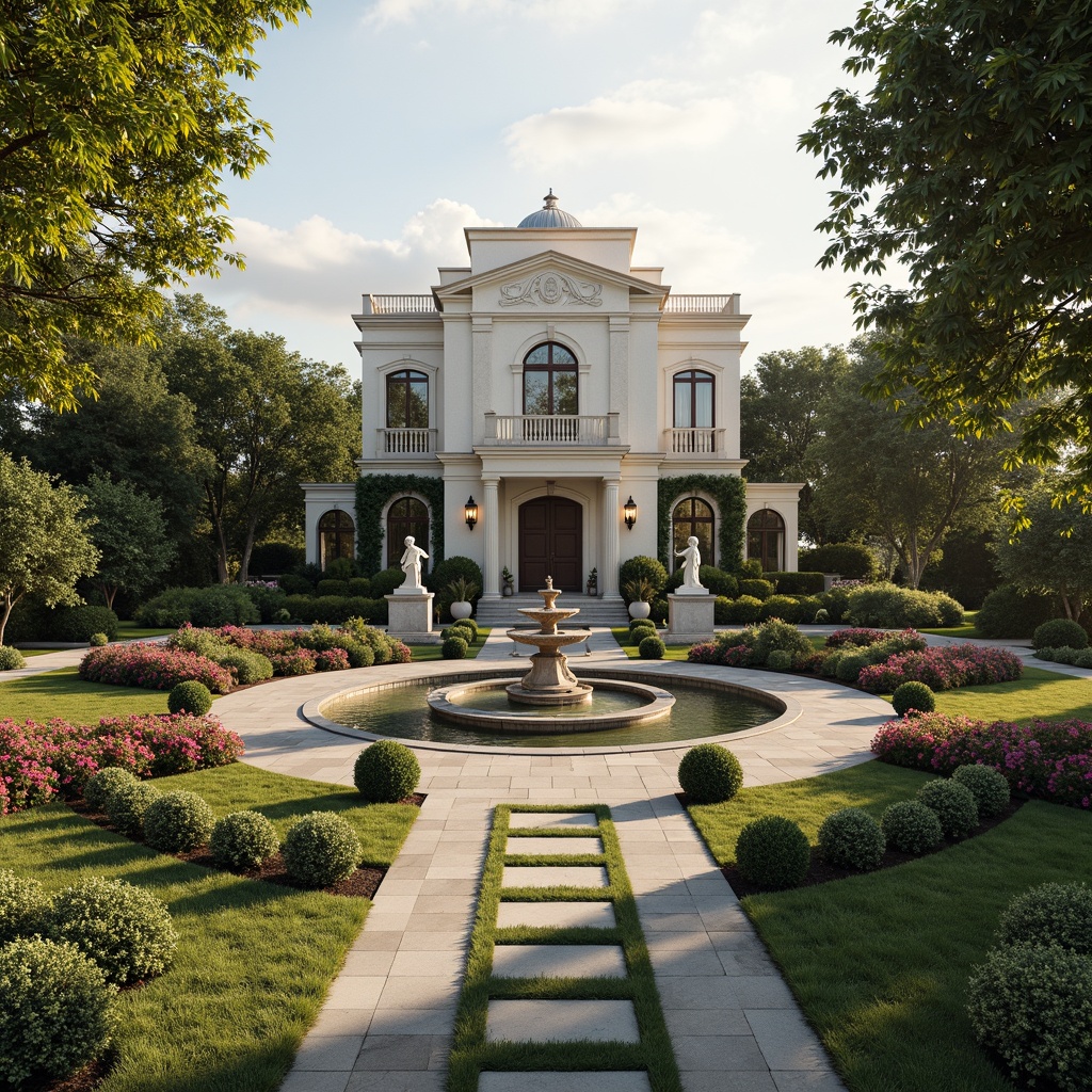 Prompt: Elegant neoclassical mansion, symmetrical gardens, manicured lawns, ornate fountains, statues of Greek gods, walking paths made of natural stone, lantern-style streetlights, blooming flowerbeds, topiary trees, ivy-covered walls, grand entrance gates, classical columns, marble sculptures, serene water features, soft warm lighting, shallow depth of field, 3/4 composition, panoramic view, realistic textures, ambient occlusion.