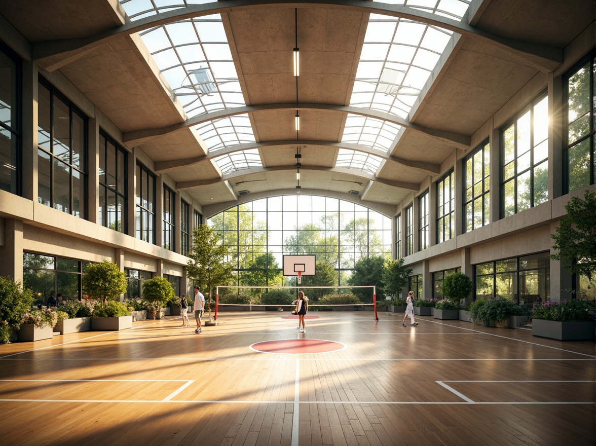 Prompt: Spacious gymnasium interior, high ceilings, clerestory windows, natural light pouring in, wooden flooring, sports equipment, basketball hoops, volleyball nets, athletic tracks, mirrored walls, modern architecture, minimalist design, sleek lines, abundant greenery, potted plants, vibrant colors, soft warm lighting, shallow depth of field, 3/4 composition, panoramic view, realistic textures, ambient occlusion.