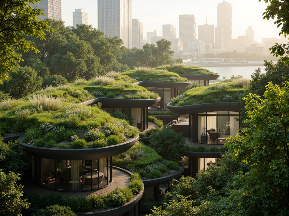 Prompt: Lush green roofs, verdant walls, cinematic cityscape, futuristic architecture, sleek curves, sustainable design, eco-friendly materials, natural ventilation systems, abundant sunlight, soft warm lighting, shallow depth of field, 3/4 composition, panoramic view, realistic textures, ambient occlusion, serene atmosphere, vibrant flowers, trees, misty morning, gentle breeze, peaceful ambiance.