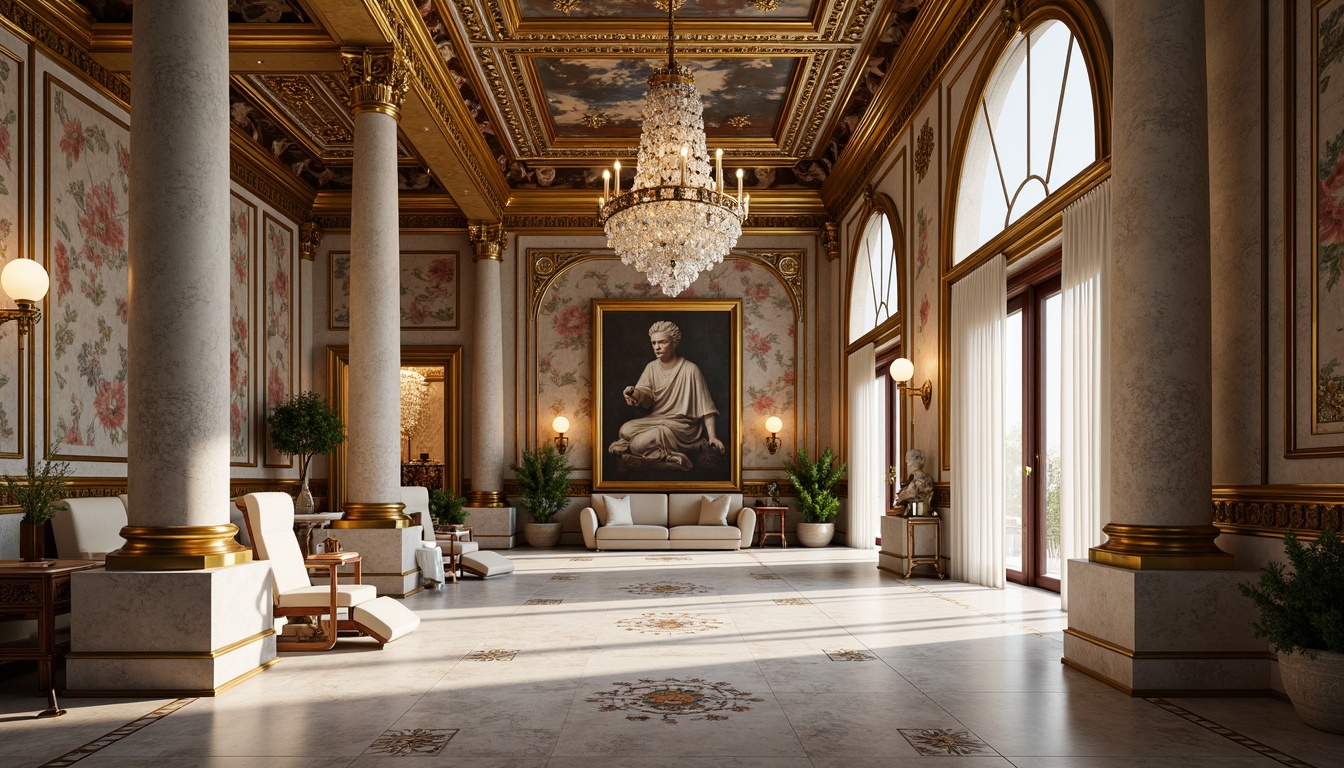 Prompt: Intricate marble patterns, ornate gold accents, luxurious velvet fabrics, rich wood grain textures, polished bronze details, grandiose columns, symmetrical archways, opulent crystal chandeliers, lavish fresco ceilings, stately stone statues, refined silk upholstery, majestic crown molding, sophisticated neutral color palette, soft warm lighting, shallow depth of field, 1/1 composition, realistic reflections, ambient occlusion.