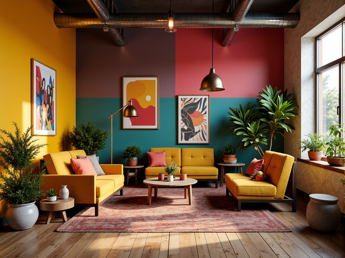 Prompt: Vibrant artistic studio, eclectic furniture, bold color blocking, contrasting textures, abstract artwork, statement lighting fixtures, industrial metal accents, reclaimed wood floors, bohemian-inspired rugs, natural fiber textiles, earthy tone ceramics, warm golden lighting, shallow depth of field, 1/1 composition, realistic renderings, ambient occlusion.